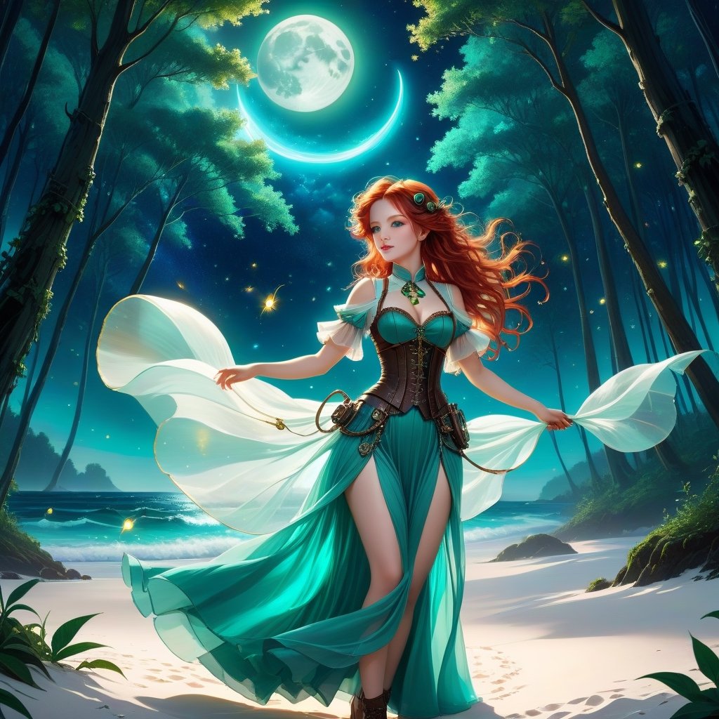 Deep blue-green and bioluminescent raging sea, magnificent landscape abstraction, which advances kissing the edge of the magical forest of large, centuries-old green trees, with sparkling fireflies, The moon shines brightly on the horizon, Lovely chib girl, Steampunk girl abstraction , fascinating face, big shining blue eyes, light red hair luminescent from the moonbeams, long white voile dress, dances on the white sand of the beach, between the sea and the forest. dynamic lighting, murmurs of fireflies, luminescent golden lines, sunny day background, concept art Intricate motifs in 8K, intricate filigree, sunny day background, Lou Xaz