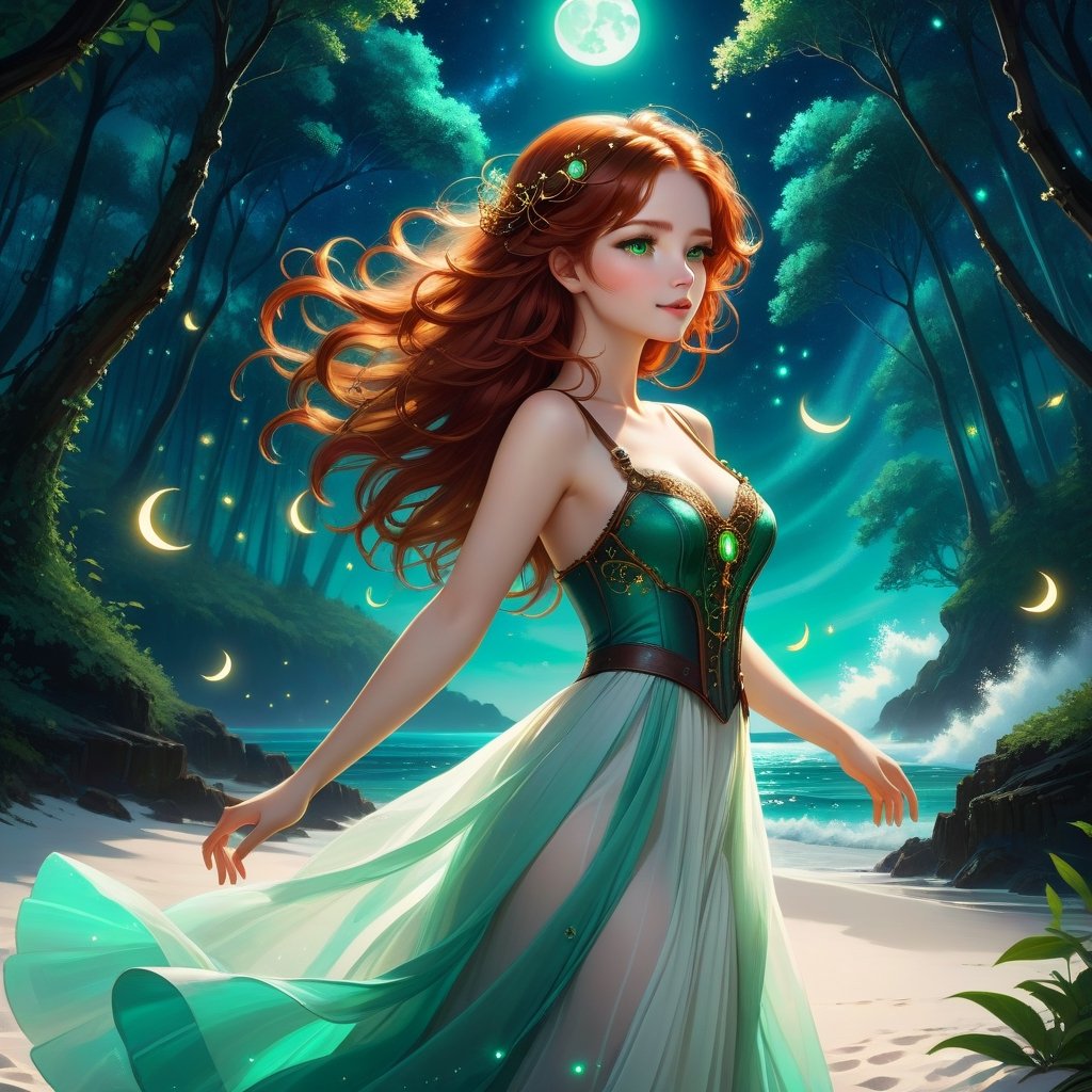 Deep blue-green and bioluminescent raging sea, magnificent landscape abstraction, which advances kissing the edge of the magical forest of large, centuries-old green trees, with sparkling fireflies, The moon shines brightly on the horizon, Lovely chib, girl, Steampunk girl abstraction , fascinating face, big bright brown eyes, light red hair luminescent from the moonbeams, long white dress, dancing on the white sand of the beach, between the sea and the forest. dynamic lighting, murmurs of fireflies, luminescent golden lines, sunny day background, concept art Intricate motifs in 8K, intricate filigree, sunny day background, Lou Xaz