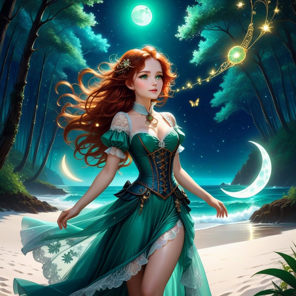 Deep blue-green and bioluminescent raging sea, magnificent landscape abstraction, which advances kissing the edge of the magical forest of large, centuries-old green trees, with sparkling fireflies, The moon shines brightly on the horizon, Lovely girl Steampunk girl abstraction,, chib , fascinating face, big shining brown eyes, light red hair luminescent from the moonbeams, long white and silver lace dress, dances on the white sand of the beach, between the sea and the forest. dynamic lighting, murmurs of fireflies, luminescent golden lines, sunny day background, concept art Intricate motifs in 8K, intricate filigree, sunny day background, Lou Xaz