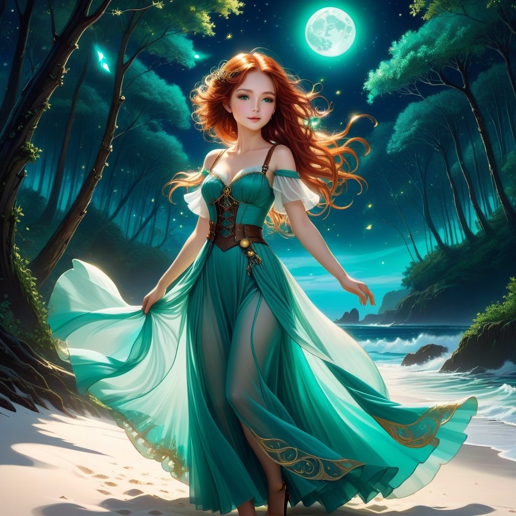 Deep blue-green and bioluminescent raging sea, magnificent landscape abstraction, which advances kissing the edge of the magical forest of large, centuries-old green trees, with sparkling fireflies, The moon shines brightly on the horizon, Lovely chib, girl, Steampunk girl abstraction , fascinating face, big shining brown eyes, light red hair luminescent from the moonbeams, long white voile dress, dances on the white sand of the beach, between the sea and the forest. dynamic lighting, murmurs of fireflies, luminescent golden lines, sunny day background, concept art Intricate motifs in 8K, intricate filigree, sunny day background, Lou Xaz