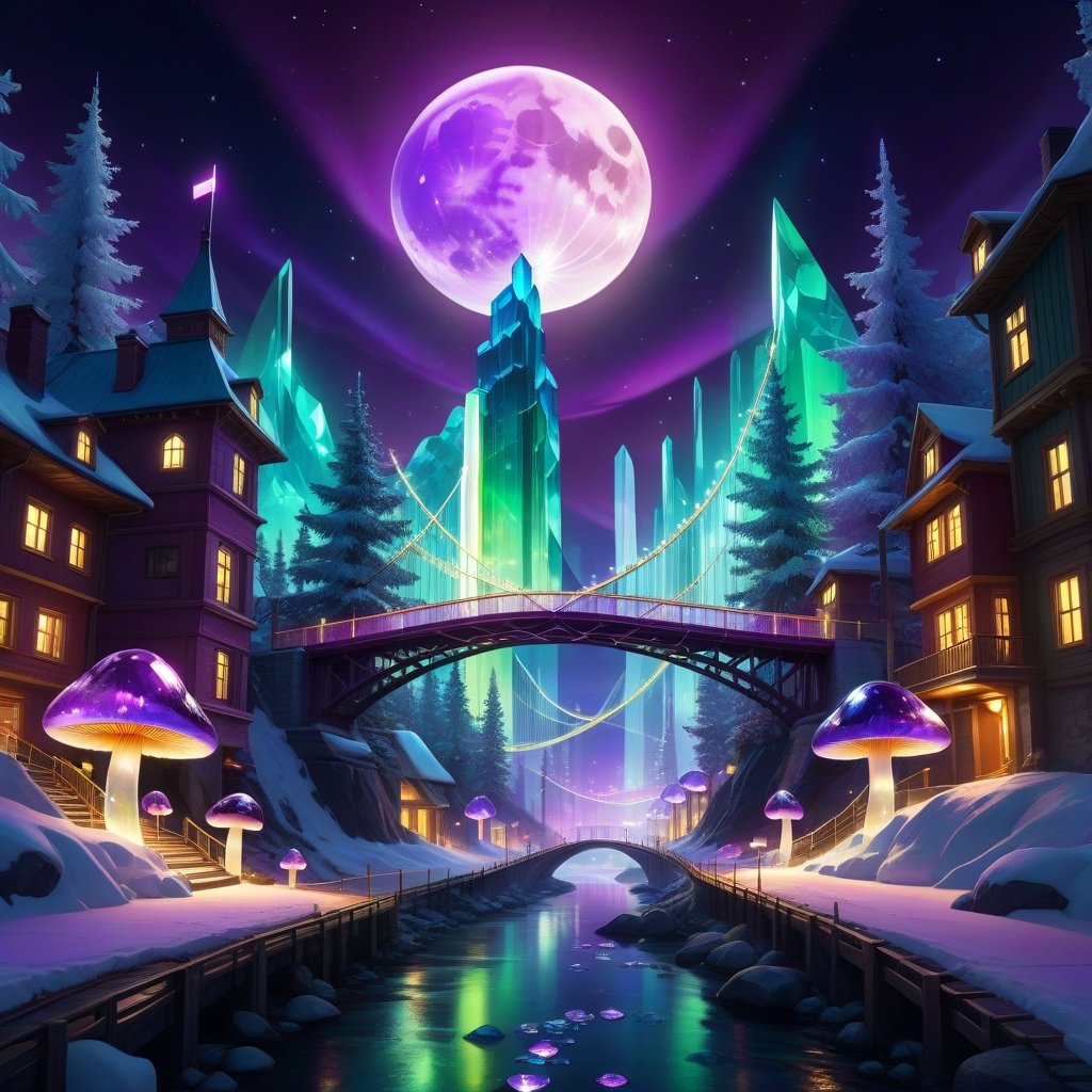 a crystal urban landscape, a street, buildings, a moon all made of colored and transparent colored crystal, under a suspension bridge that crosses the horizon, LED mushrooms, with the colors of the Northern Lights, LED transparency, amethyst crystal base , dynamic lighting, golden lines, patterns, intricate motifs, moonlight background, 8K concept art, Lou Xaz