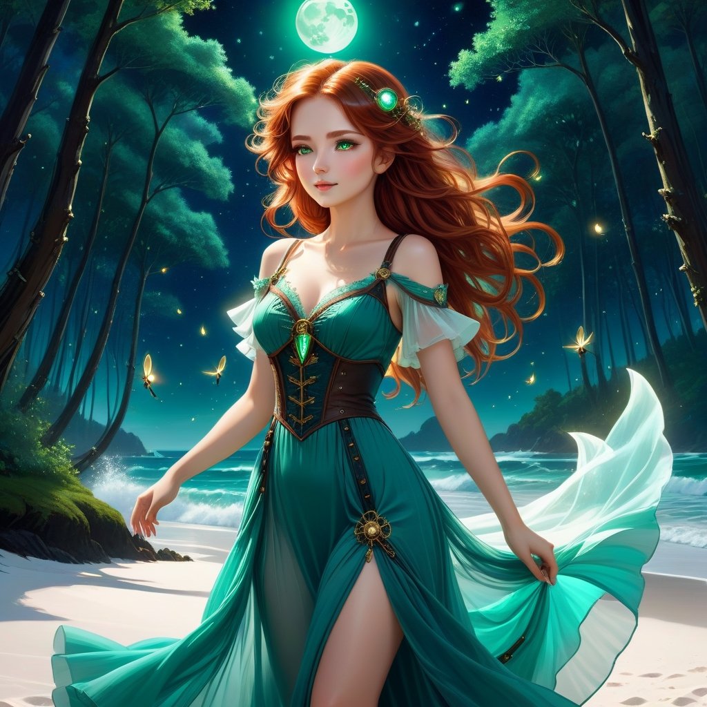 Deep blue-green and bioluminescent raging sea, magnificent landscape abstraction, which advances kissing the edge of the magical forest of large, centuries-old green trees, with sparkling fireflies, The moon shines brightly on the horizon, Lovely chib girl, Steampunk girl abstraction , fascinating face, big shining brown eyes, light red hair luminescent from the moonbeams, long white voile dress, dances on the white sand of the beach, between the sea and the forest. dynamic lighting, murmurs of fireflies, luminescent golden lines, sunny day background, concept art Intricate motifs in 8K, intricate filigree, sunny day background, Lou Xaz