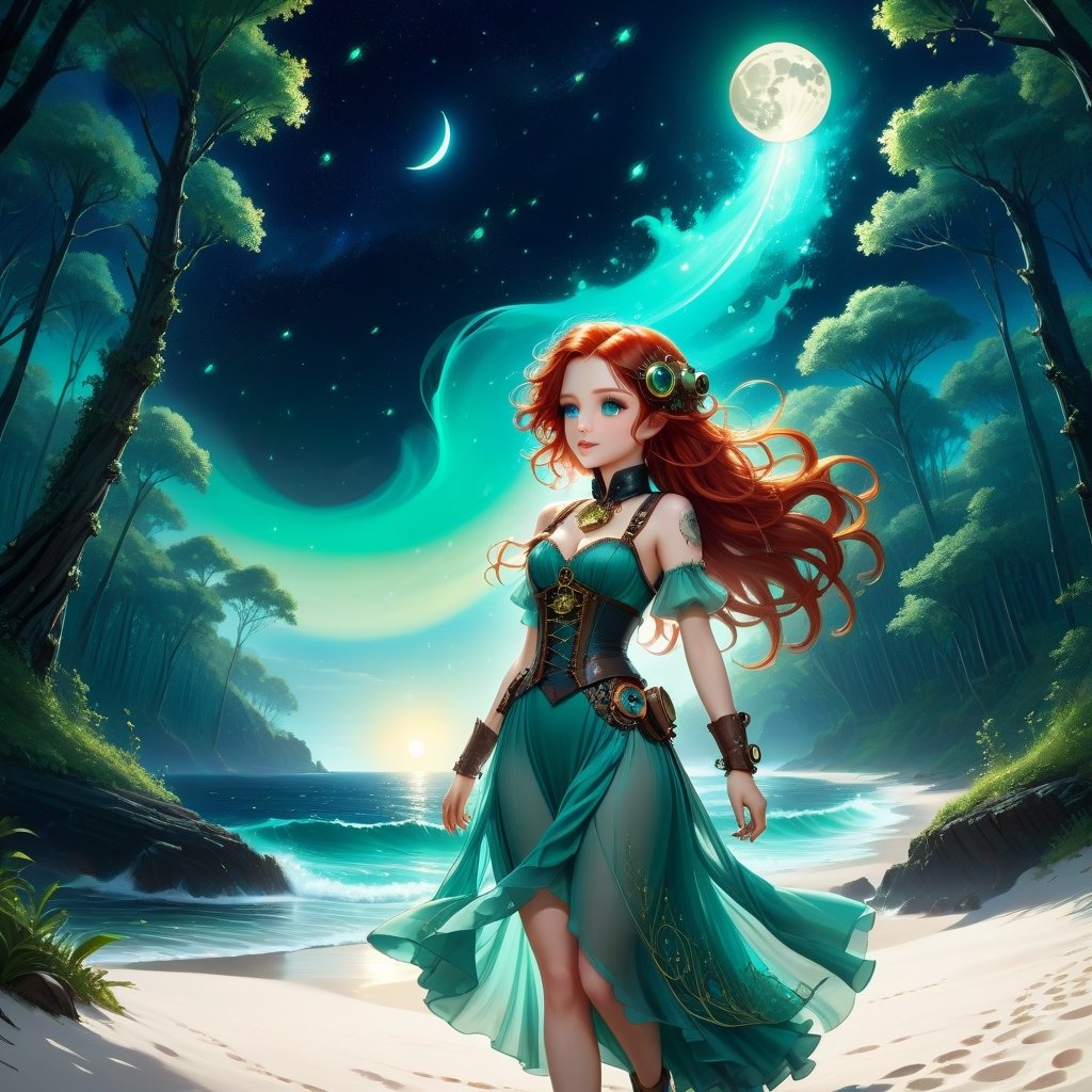 Deep blue-green and bioluminescent raging sea, magnificent, landscape abstraction, which advances kissing the edge of the magical forest of large century-old green trees, with sparkling fireflies, The moon shines brightly on the horizon, Beautiful chibi Steampunk girl, Girl abstraction Steampunk, fascinating face, big bright blue eyes, light red hair luminescent in the rays of the moon, Tall and slender, wearing a long white voile dress, dances on the white sand of the beach, between the sea and the forest. dynamic lighting, murmurs of fireflies, luminescent golden lines, sunny day background, concept art Intricate motifs in 8K, intricate filigree, sunny day background, Lou Xaz