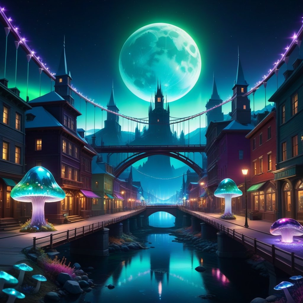 a crystal clear cityscape, the street, the buildings, a moon, all made of transparent colored crystal, under a large suspension bridge that spans the horizon, on the ground bioluminescent LED crystal mushrooms, lens flares, flash light, vibrant night scene and colorful, hyper-detailed waterhouse filigree art, WLOP, deep crystal colors, fantastical and intricate details, splash screen, complementary colors, fantasy concept art, northern lights moonlight background, 8k resolution trend in Artstation Unreal Engine 5