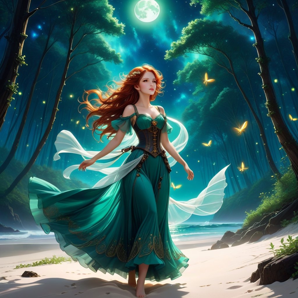 Deep blue-green and bioluminescent raging sea, magnificent landscape abstraction, which advances kissing the edge of the magical forest of large, centuries-old green trees, with sparkling fireflies, The moon shines brightly on the horizon, Lovely chib, girl, Steampunk girl abstraction , fascinating face, big shining brown eyes, light red hair luminescent from the moonbeams, long white voile dress, dances on the white sand of the beach, between the sea and the forest. dynamic lighting, murmurs of fireflies, luminescent golden lines, sunny day background, concept art Intricate motifs in 8K, intricate filigree, sunny day background, Lou Xaz