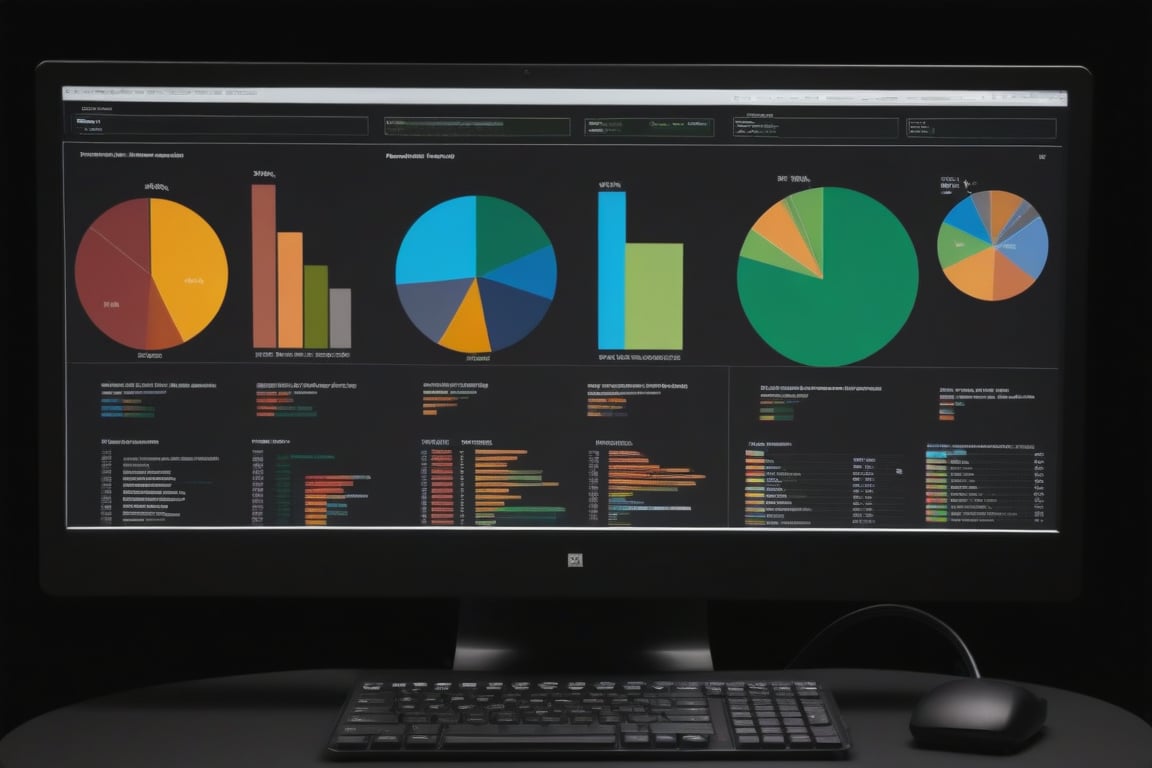 large computer screen with black background showing pie charts on screen