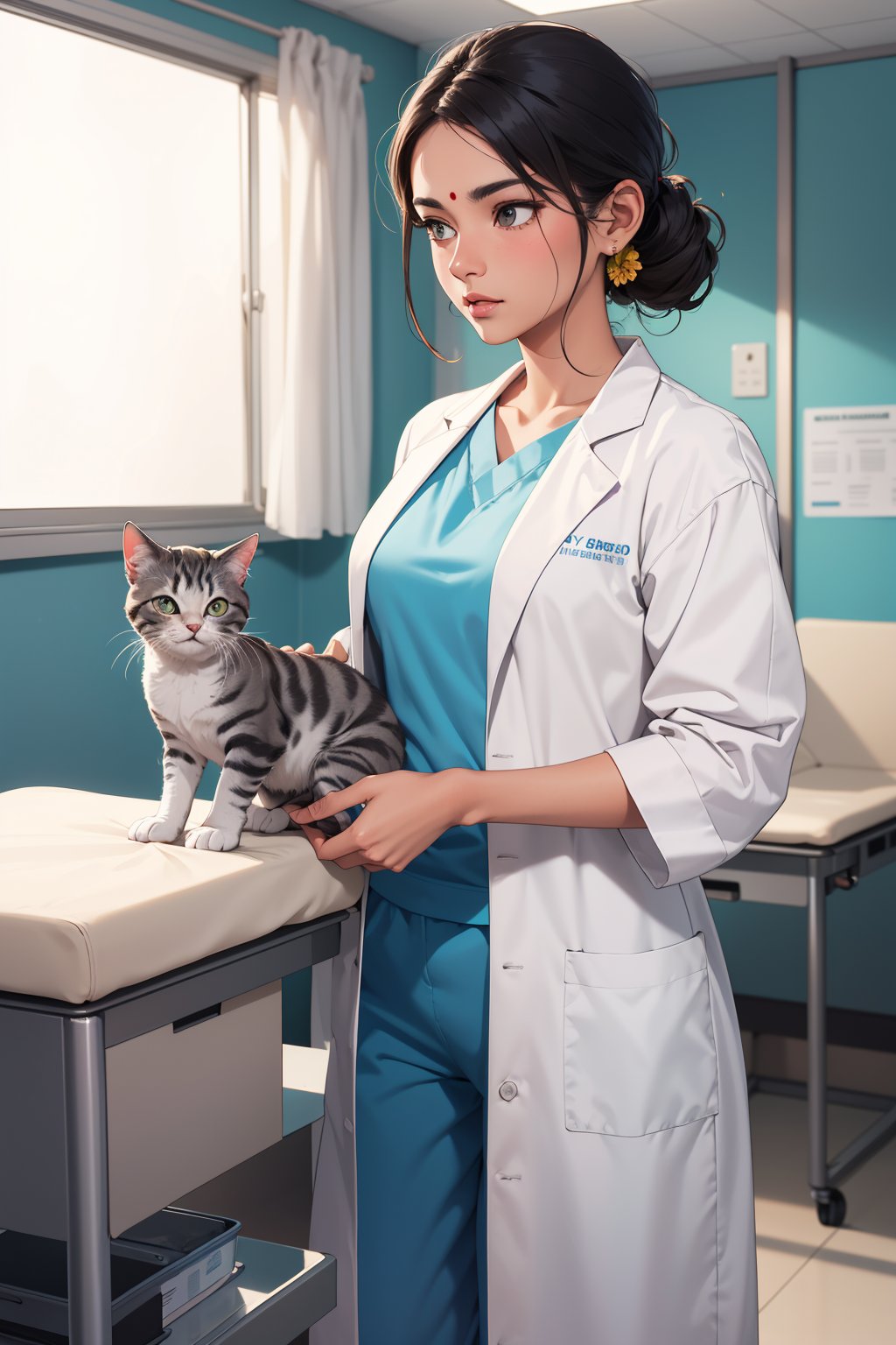 modern veternary exam room, indian woman veternarian, white veternary lab coat, sunny, kitten on exam table, blue veternary scrub pants, veternary scrub top