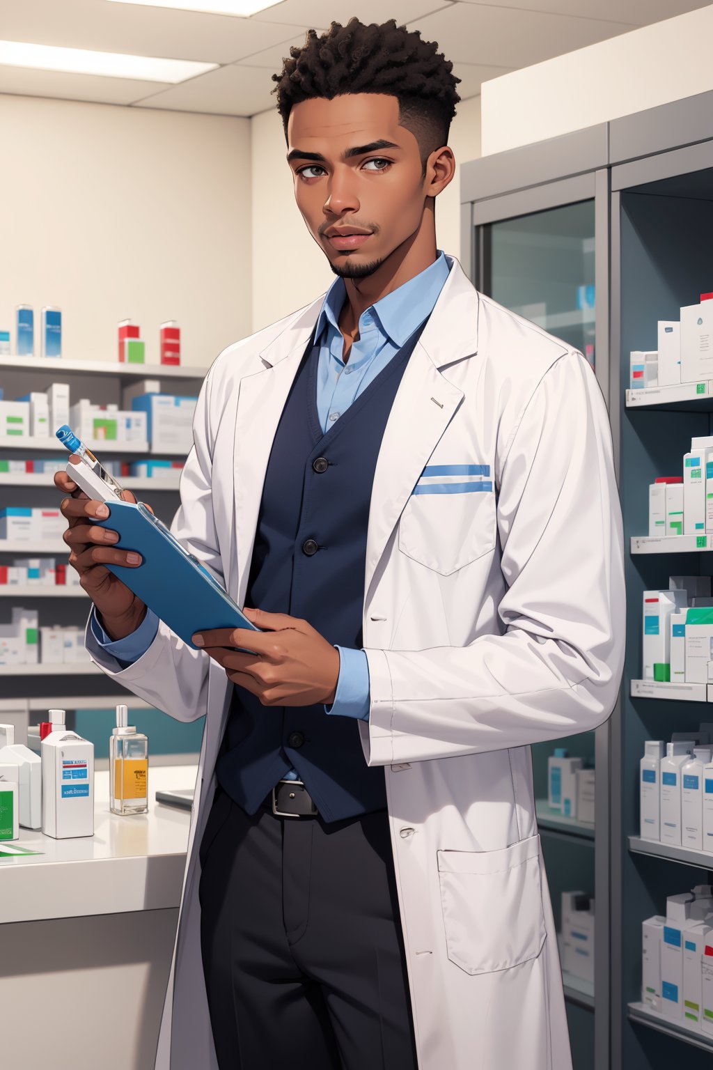 modern pharmacy, angolan man pharmacist white lab coat, bright