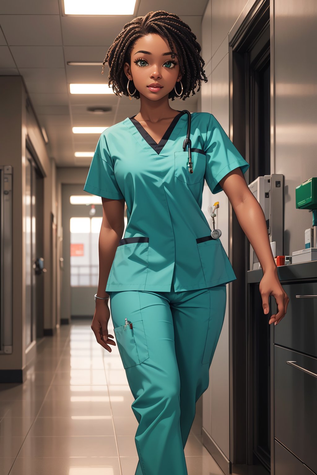 modern hospital African woman, short sleeve green scrubs, green scrub pants, bright lights, looking at viewer