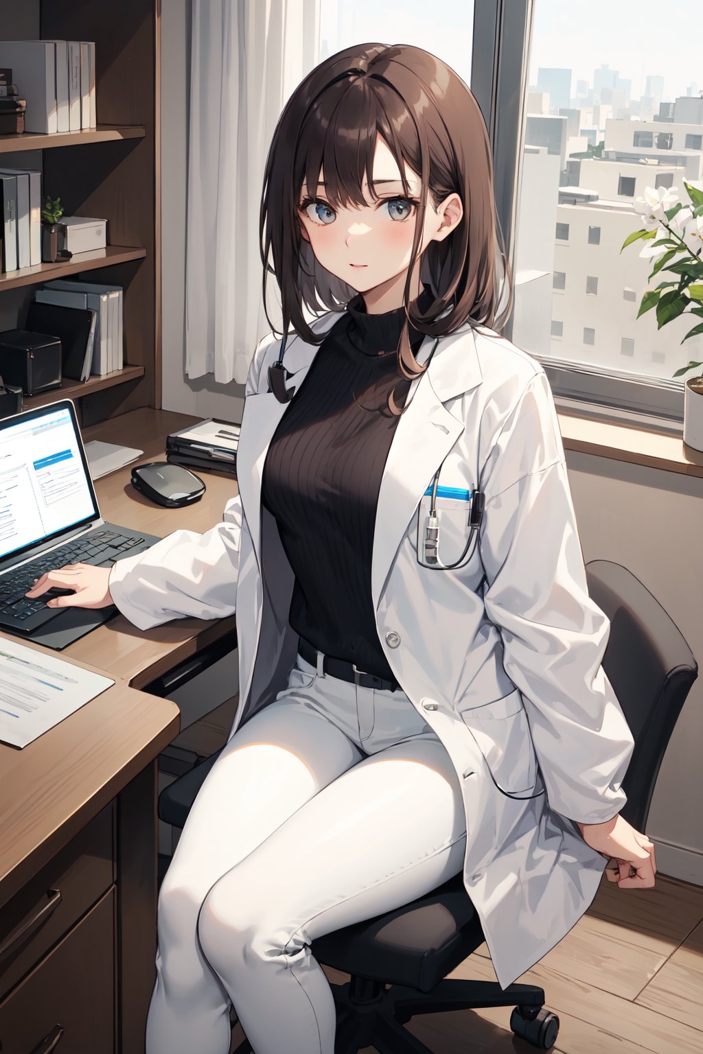 modern doctor's office, brunette model, white doctor's lab coat, sunny, sitting on chair at desk, looking at viewer, white pants