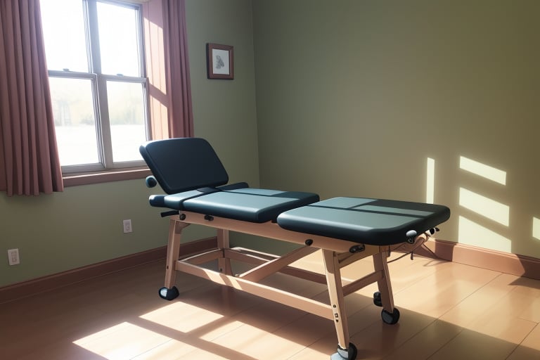 therapy room with physical therapy treatment table, bright, 