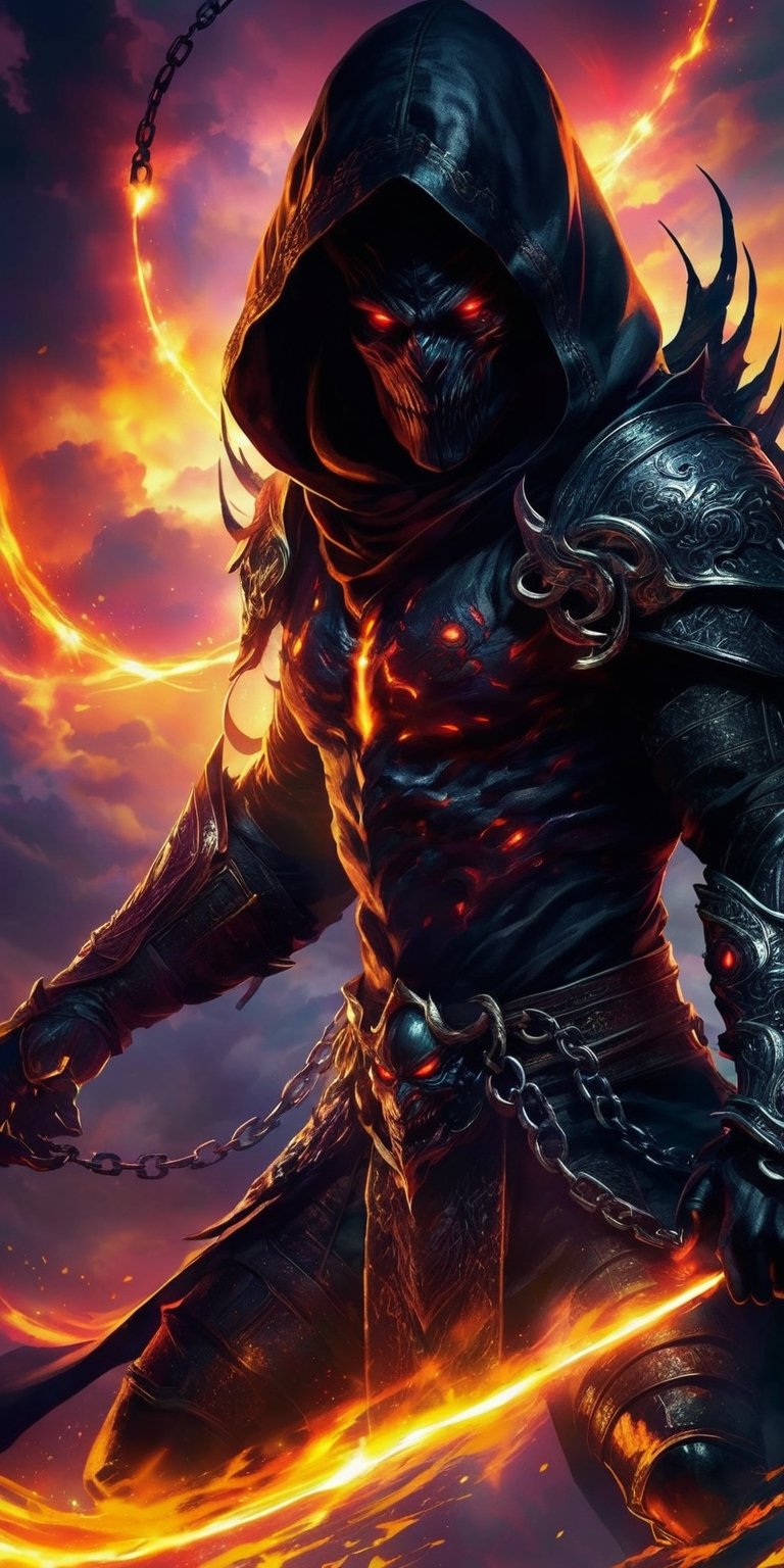 Create a hyper-realistic depiction of a demonic creature, a fierce warrior, standing proud against an ominous, cloud-filled sky. His red eyes glow with inhuman fire, and his hood hides most of his face. Wearing dark gloves, menacing armor and bracers, this muscular demon exudes power. A glowing chain dangles from his gauntlet, highlighting his evil nature as he focuses on the viewer.
