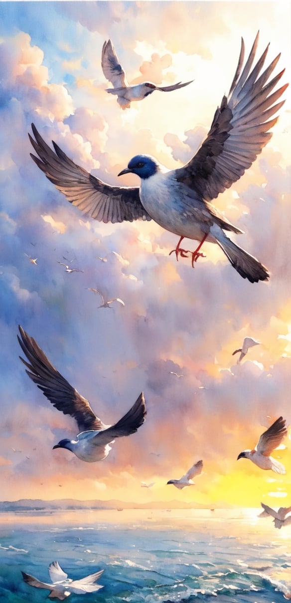 With realistic textures, a watercolor painting shows a flock of birds flying over a river at sunset.