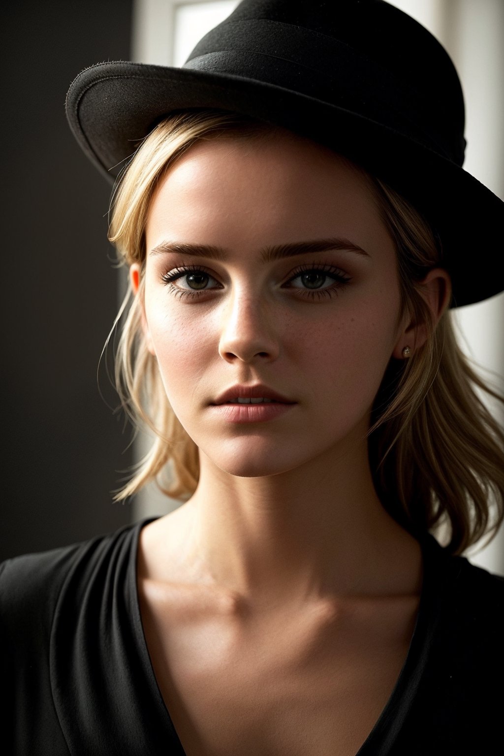 The image shows a young woman who resembles Emma Watson. Her face occupies the center of the frame, attracting the eye. Her blonde hair is styled in a casual updo, as if she had just stepped out of a gust of wind. Her facial features are gentle and graceful - tender eyes, small nose, plump lips. Her expression is thoughtful, lost in her own thoughts, with a hint of vulnerability. She wears a stylish fedora on her head that creates dramatic shadows on part of her face. The lighting is moody and atmospheric, with well-defined shadows and highlights that highlight the shape of her face and features. The background is deliberately blurred, out of focus, so as not to distract attention. The image conveys a sense of mystery, emotion and quiet introspection. High contrast and sharp details. Mesmerizing details, premium composition, ultra-realistic, photorealistic, realistic.