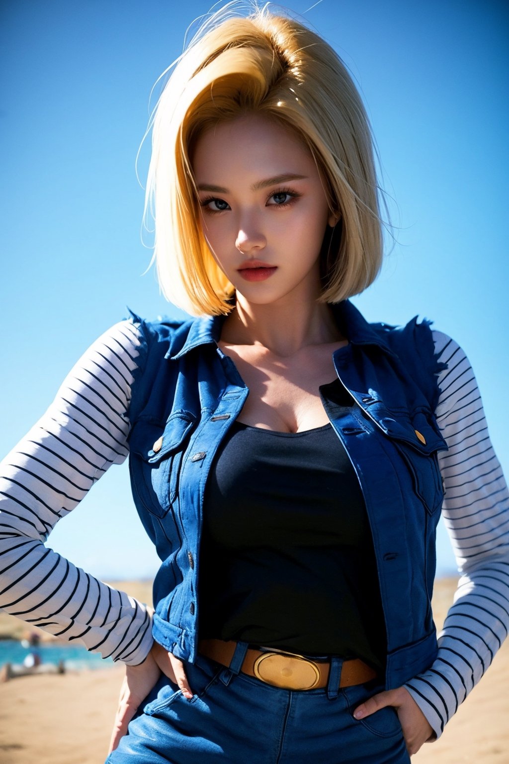 Beautiful woman, blonde hair, seaside, amber eyes, 8k, best quality, (van gogh, starry night background), detailed hair, detailed eyes,Android18,black and white striped long-sleeved black short T-shirt,denim jacket,short hair,Android_18_DB,low cut