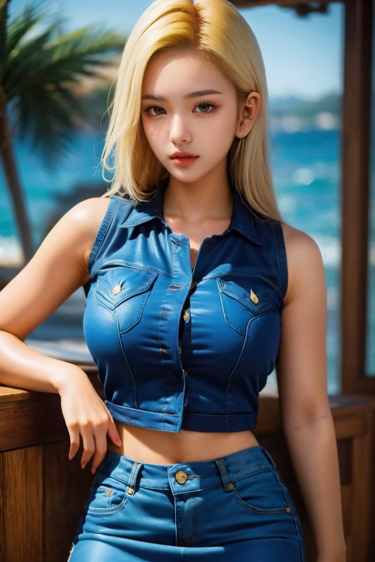 Beautiful woman, blonde hair, seaside, amber eyes, 8k, best quality, (van gogh, starry night background), detailed hair, detailed eyes,Android18,Wearing a black and white striped long-sleeved black short T-shirt,Wear a sleeveless denim jacket underneath and a denim skirt underneath.