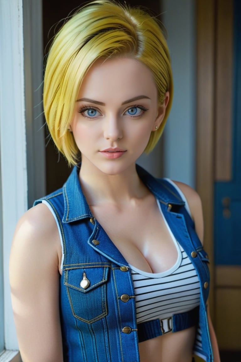 Beautiful woman wearing a tanktop no bra, analog photograph, professional fashion photoshoot, hyperrealistic, masterpiece, trending on artstation,krrrsty,and18,Android 18, short yellow hair cut vertically, black and white striped clothes, blue denim sleeveless jacket, blue denim trousers, amazing, masterpiece, Exquisite facial features, fierce and sharp eyes, slim figure,(((Full body image))),((female, big boobs, cleavage)) ,blue eyes,Black and white striped vest,