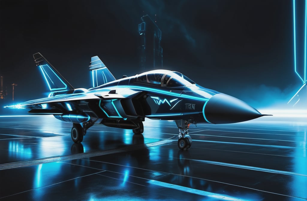 photorealistic image, masterpiece, high quality 8K, of a futuristic jet fighter, Tron legacy, black and blue neon lights, good lighting, at night, sharp focus