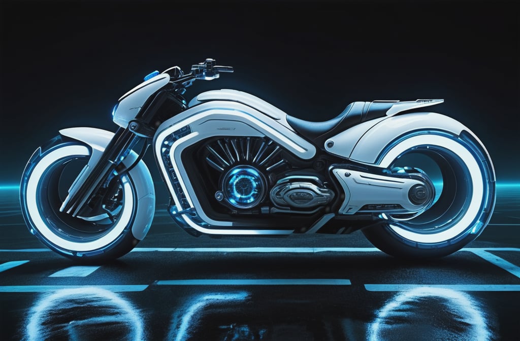 photorealistic image, masterpiece, high quality 8K, of a futuristic ((sci-fi large super motocycle), (((submerged in the sea))), Tron legacy, white and blue neon lights, good lighting, at night, sharp focus