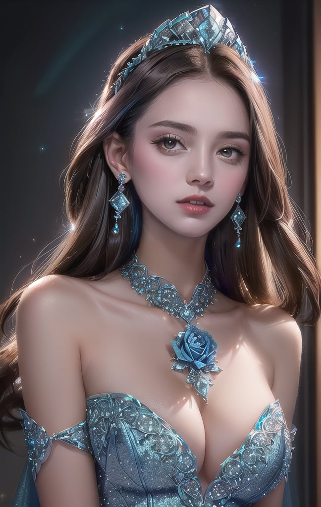 Super realistic image, NVIDIA RTX, super resolution, Unreal 5, Subsurface Dispersion, PBR Texturing, Post-processing, Maximum clarity and sharpness, Multi-layer textures, of (A very beautiful young woman), (Tall model), slim, (slim body), blue eyes, ((long, voluminous bright brunette hair, a rose in her hair)), (((Light skin with glitter, sparkly earrings, blue evening princess dress with shiny blue inlay, intricate details))), (((Portrait of face, shoulders and chest))), (high quality, Ultra-realistic scene, 8K RAW High Definition)