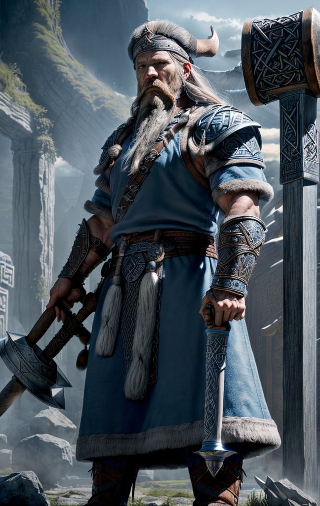 photorealistic, high quality 8k image of a man god, Vili, strong, slim body, long white hair, long beard, (((fantasy blue viking full armor, runes and intricate details))), (((giant mallet viking hammer with super long handle ))), (in the Valhalla palace), sharp focus, standing