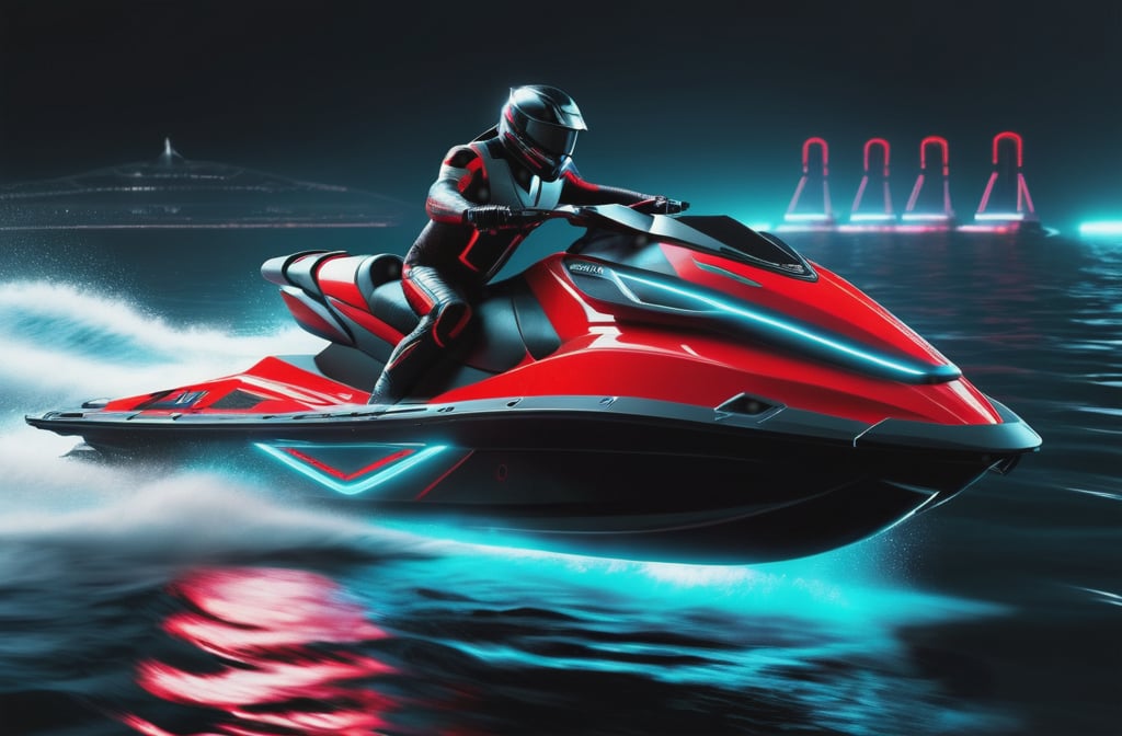 photorealistic image, masterpiece, high quality 8K, of a futuristic ((sci-fi large super jet ski)), (((sailing in the water the sea))), Tron legacy, black and red neon lights, good lighting, at night, sharp focus