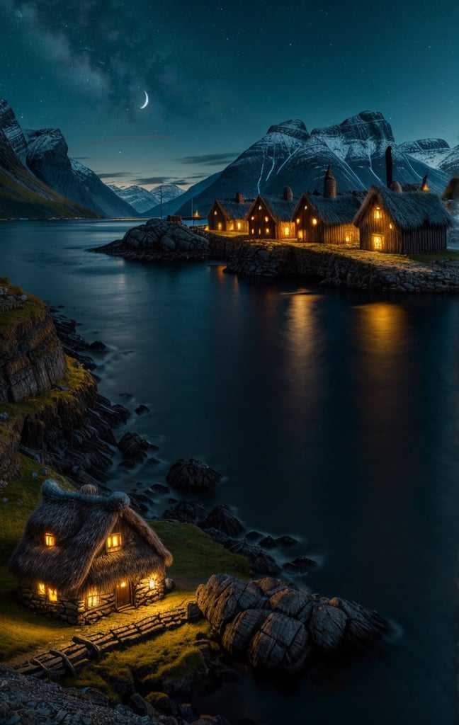 at night, viking coastal village, ancient, fantasy Norwegian fjord, torchlit houses, moonlit scene, good lighting, photorealistic image, masterpiece, high quality, 8K, sharp focus