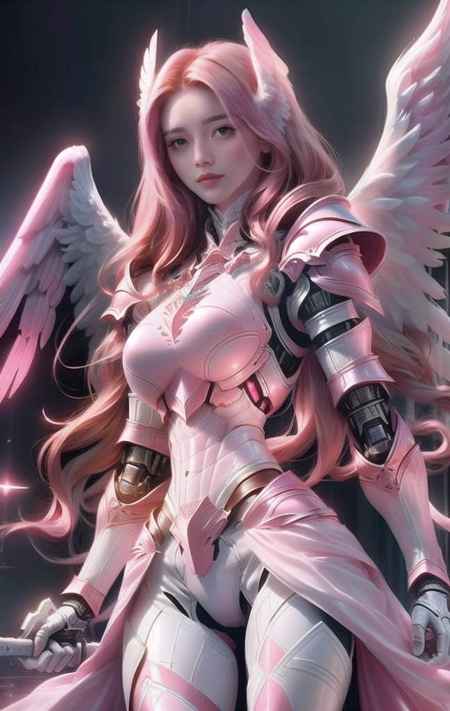 super realistic image, high quality uhd 8K, of ((1 girl)), detailed realistic ((slim body, high detailed)), skinny waist, (tall model), redhead, long ginger hair, high detailed realistic skin, (((white and pink armor, intrincate details))), ((cybernetic tegnology arms)), non cybernetic abdomen, ((suspended in the air, in levitation, angel ascending)), ((large white angel wings)), real vivid colors, standing,warriorofxian,1 girl,