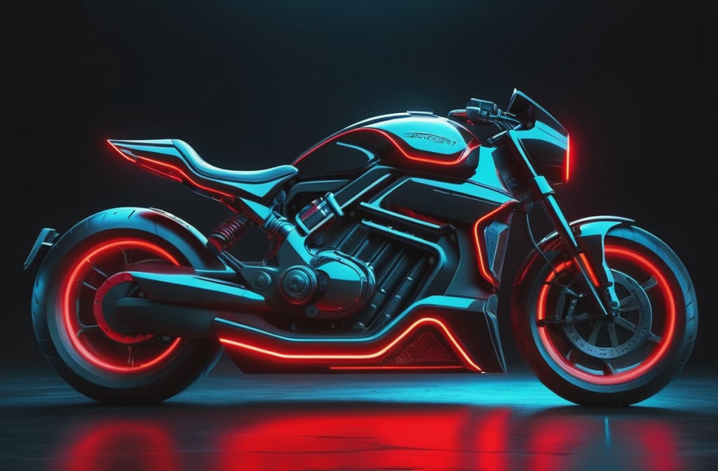 photorealistic image, masterpiece, high quality 8K, of a futuristic motorcycle, Tron legacy, black and red neon lights, good lighting, at night, sharp focus