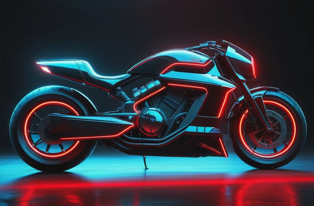 photorealistic image, masterpiece, high quality 8K, of a futuristic motorcycle, Tron legacy, black and red neon lights, good lighting, at night, sharp focus