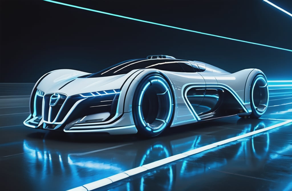 photorealistic image, masterpiece, high quality 8K, of a futuristic ((big sci-fi Tron super car)), (((running on a track))), Tron legacy, white and blue neon lights, good lighting, at night, sharp focus