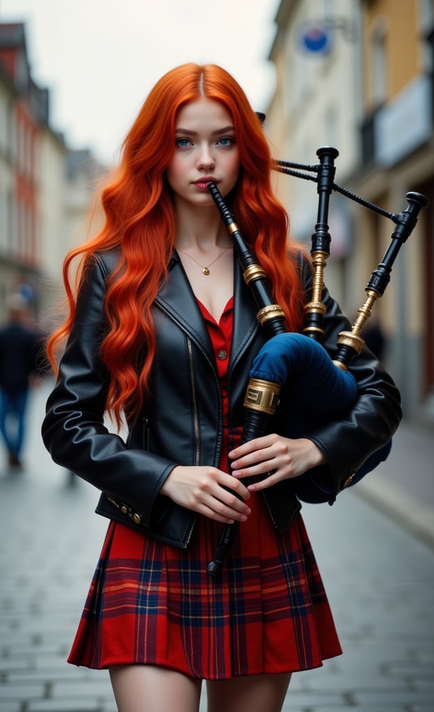 A girl, young, beautiful, ((photorealistic)), long red hair, slim body, skinny waist, blue eyes, black leather jacket, red plaid miniskirt, playing a Scottish bagpipe, on a city street, masterpiece, high quality 8k, sharp focus