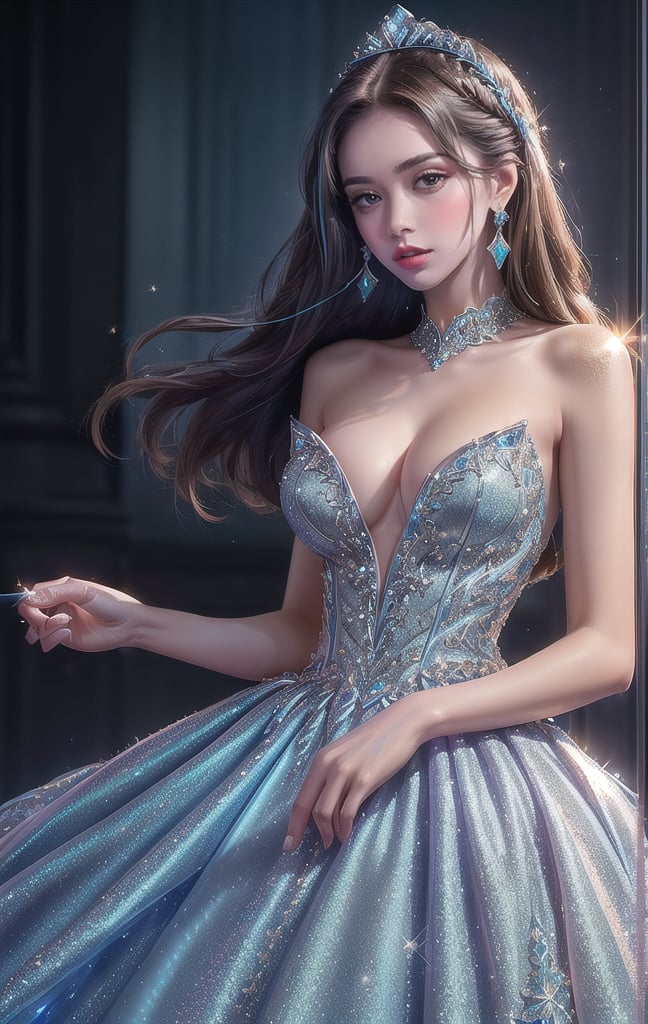 Super realistic image, NVIDIA RTX, super resolution, Unreal 5, Subsurface Dispersion, PBR Texturing, Post-processing, Maximum clarity and sharpness, Multi-layer textures, of (A very beautiful young woman), (Tall model), slim, (slim body), blue eyes, ((long, voluminous bright brunette hair, a rose in her hair)), (((Light skin with glitter, sparkly earrings, blue evening princess dress with shiny blue inlay, intricate details))), (((Portrait of face, shoulders and chest))), (high quality, Ultra-realistic scene, 8K RAW High Definition)