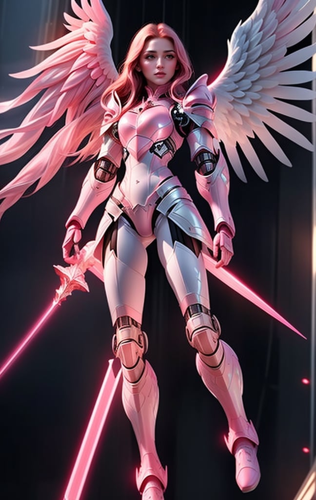 super realistic image, high quality uhd 8K, of ((1 girl)), detailed realistic ((slim body, high detailed)), skinny waist, (tall model), redhead, long ginger hair, high detailed realistic skin, (((white and pink armor, intrincate details))), ((cybernetic tegnology arms)), non cybernetic abdomen, (((suspended in the air, in levitation, angel ascending))), ((large white angel wings)), (((full body))), real vivid colors, standing,warriorofxian,1 girl,