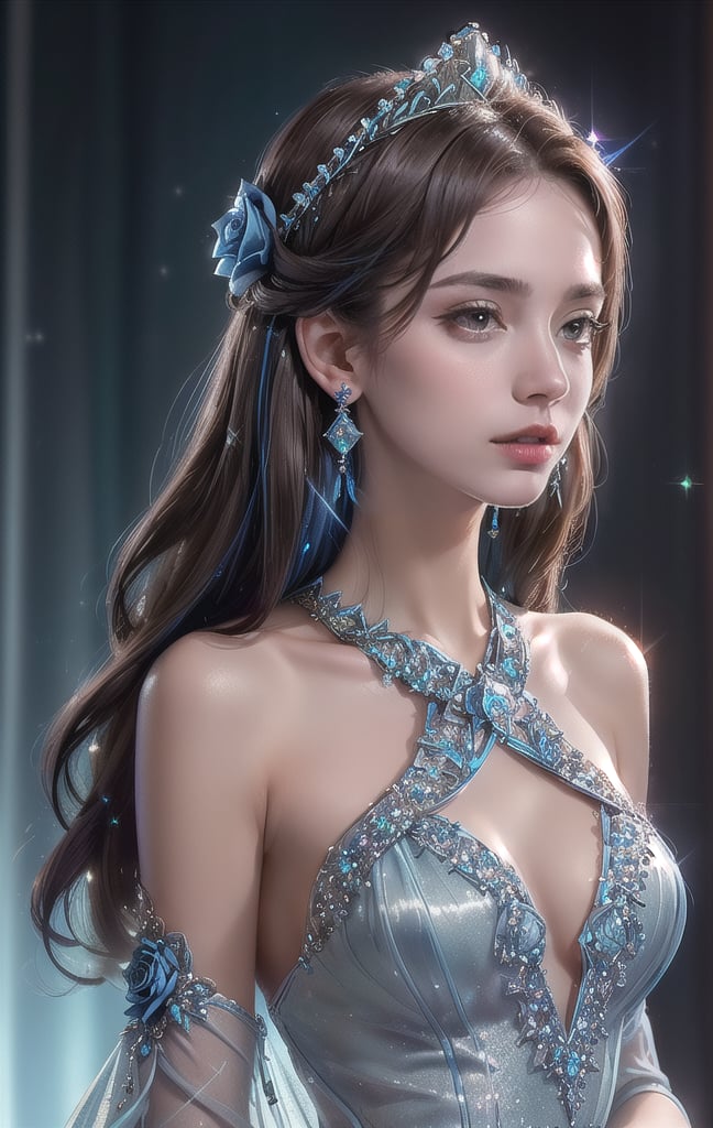 Super realistic image, NVIDIA RTX, super resolution, Unreal 5, Subsurface Dispersion, PBR Texturing, Post-processing, Maximum clarity and sharpness, Multi-layer textures, of (A very beautiful young woman), (Tall model), slim, (slim body), blue eyes, ((long, voluminous bright brunette hair, a rose in her hair)), (((Light skin with glitter, sparkly earrings, blue evening princess dress with shiny blue inlay, intricate details))), (((Portrait of face, shoulders and chest))), (high quality, Ultra-realistic scene, 8K RAW High Definition)