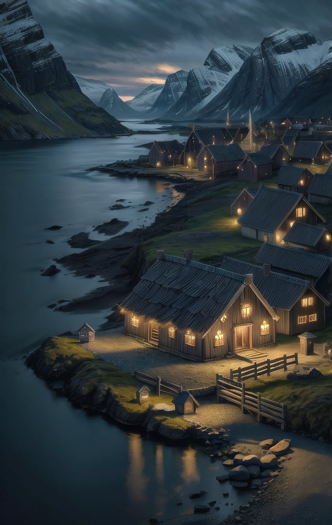 at night, viking coastal village, ancient, fantasy Norwegian fjord, torchlit houses, moonlit scene, good lighting, photorealistic image, masterpiece, high quality, 8K, sharp focus