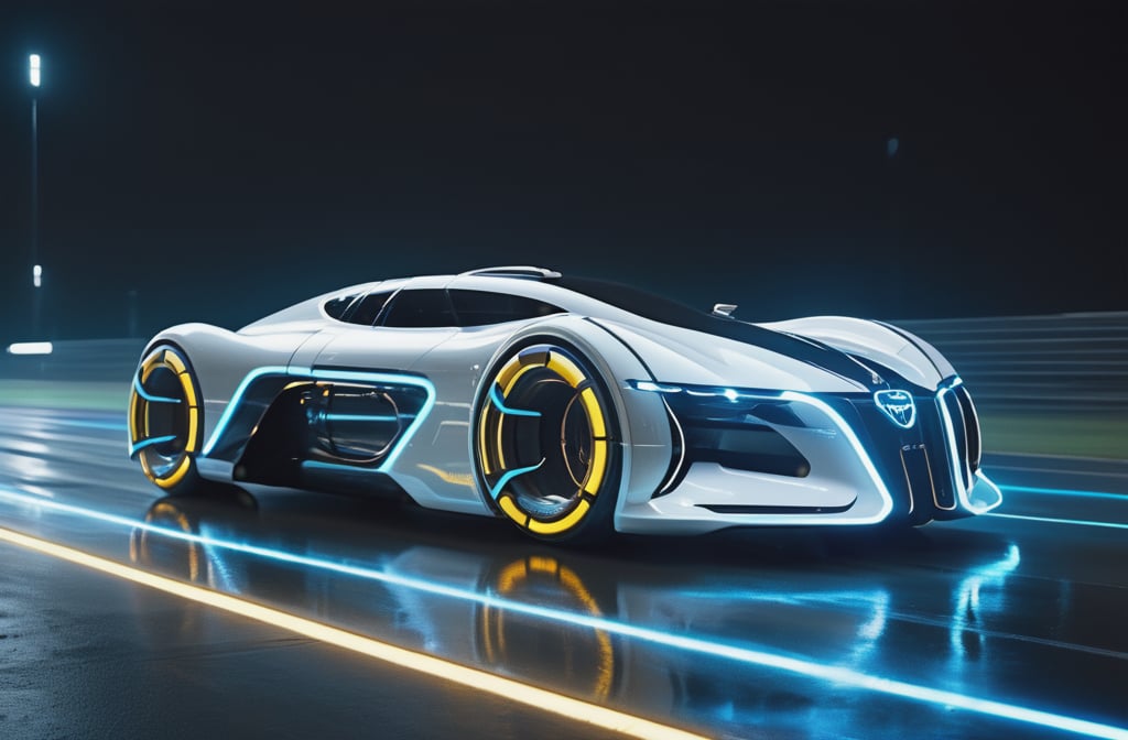 photorealistic image, masterpiece, high quality 8K, of a futuristic ((big sci-fi Tron super car)), (((running on a track))), Tron legacy, white and yellow neon lights, good lighting, at night, sharp focus