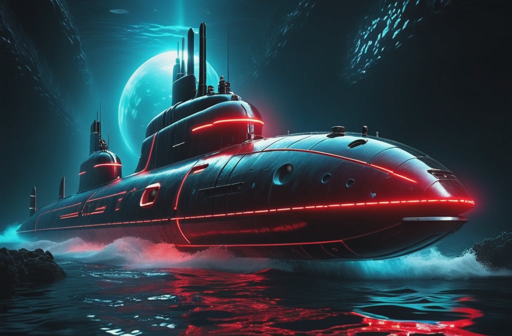 photorealistic image, masterpiece, high quality 8K, of a futuristic ((sci-fi large super submarine, underwater)), (((sailing under the sea))), Tron legacy, in space, black and red neon lights, good lighting, at night, sharp focus