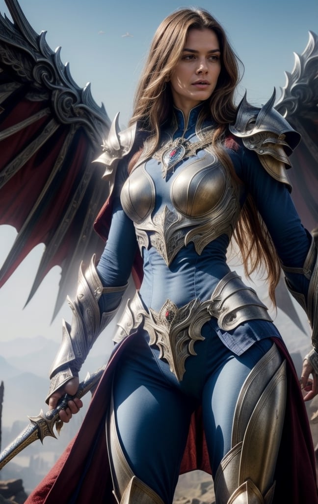 Ultra detailed realistic photo scene UHD 8K HDR, 1 blonde-haired woman, blue eyes, long  hair, slim, perfect model body, super detailed fantasy armor, gigant wings armor, warrior of xian