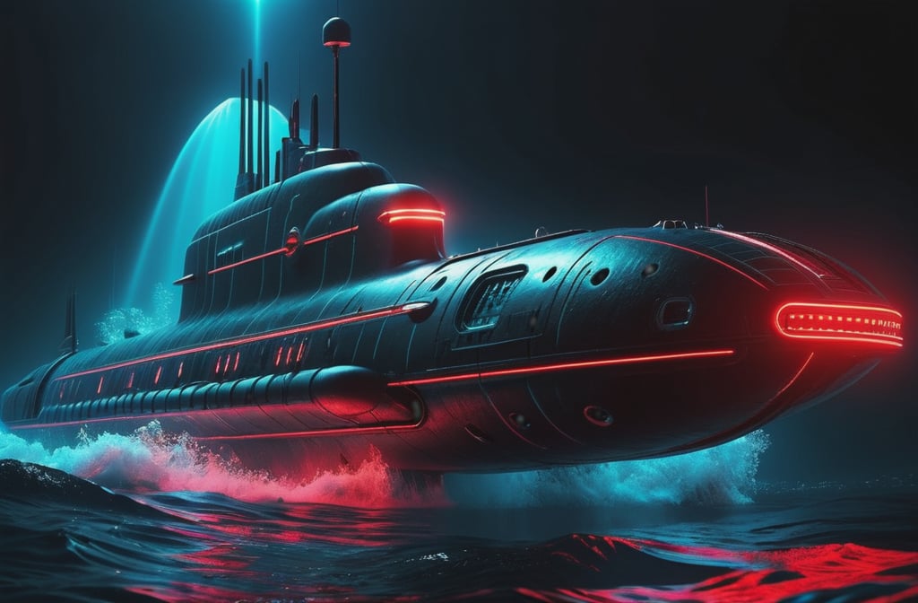 photorealistic image, masterpiece, high quality 8K, of a futuristic ((sci-fi large super submarine, underwater)), (((sailing under the sea))), Tron legacy, in space, black and red neon lights, good lighting, at night, sharp focus