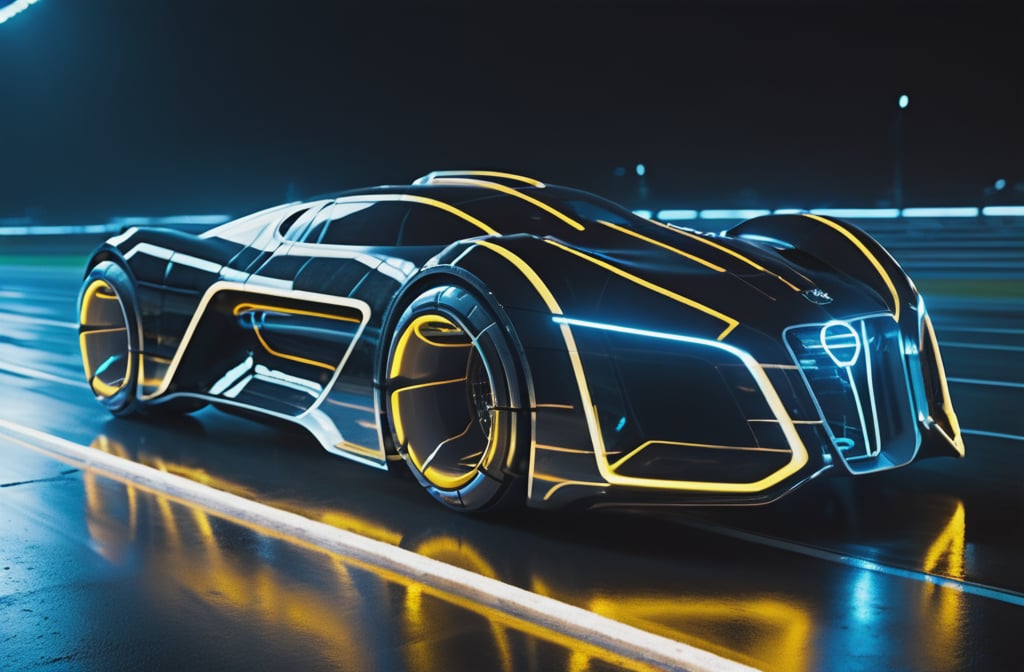 photorealistic image, masterpiece, high quality 8K, of a futuristic ((big sci-fi Tron super car)), (((running on a track))), Tron legacy, white and yellow neon lights, good lighting, at night, sharp focus