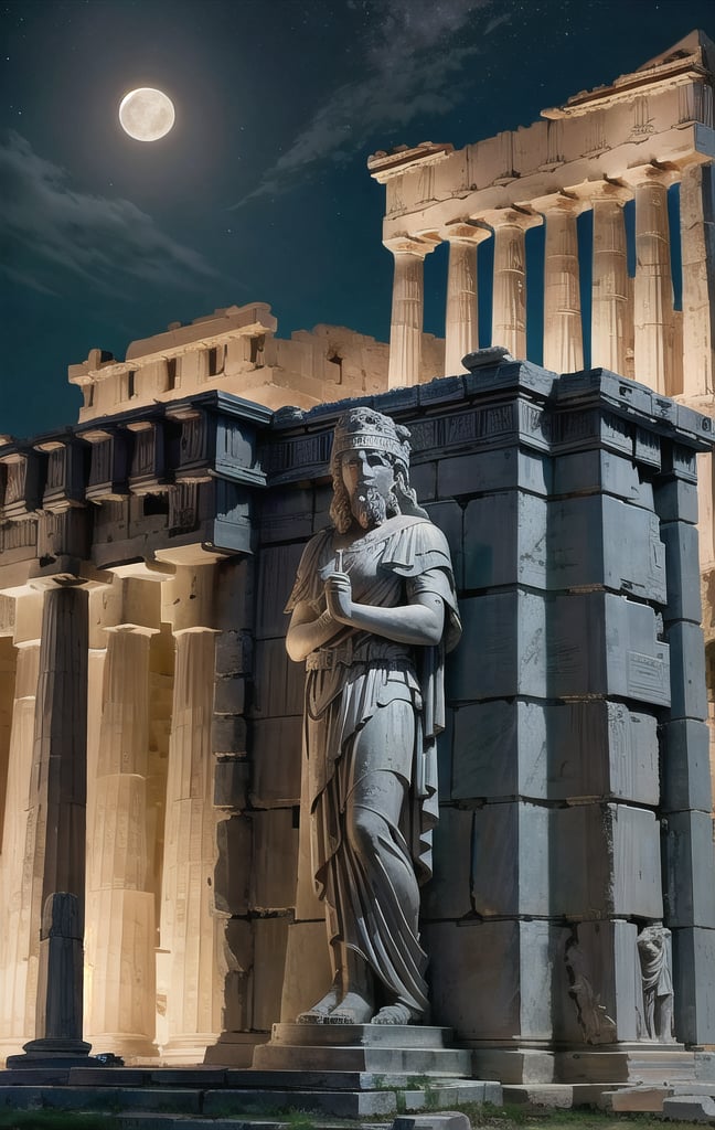 at night, ancient acropolis, monuments, statues of abandoned advanced civilization, moonlit, good lighting, photorealistic image, masterpiece, high quality 8K, sharp focus