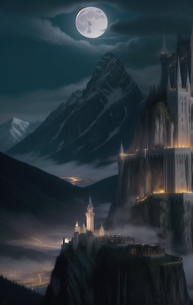 At night, white city of Gondolin with its fortifications, hidden by mountains, an image of epic fantasy, illuminated by the light of the moon.