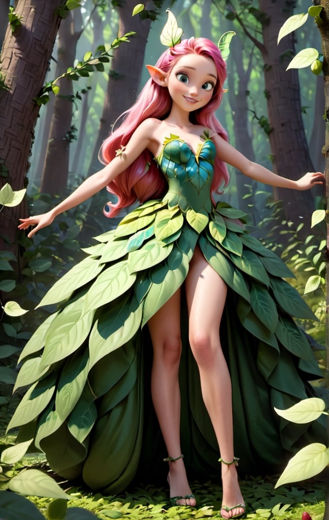 super realistic image, high quality uhd 8K, of (1 girl, forest fairy), smiling face, happy, pointy ears, detailed realistic ((slim body, high detailed)), (skinny waist), (tall model), long pink hair, high detailed realistic skin, ((dress made with leaves, intrincate details)), real vivid colors, standing,1girl,disney pixar style