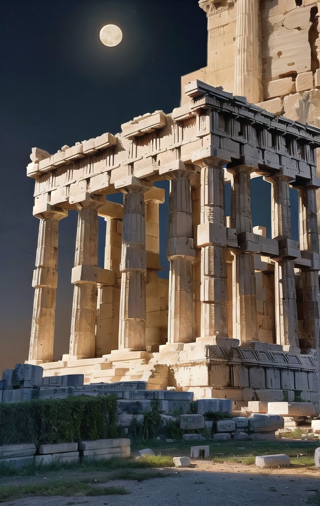 at night, ancient acropolis, monuments, statues of abandoned advanced civilization, moonlit, good lighting, photorealistic image, masterpiece, high quality 8K, sharp focus