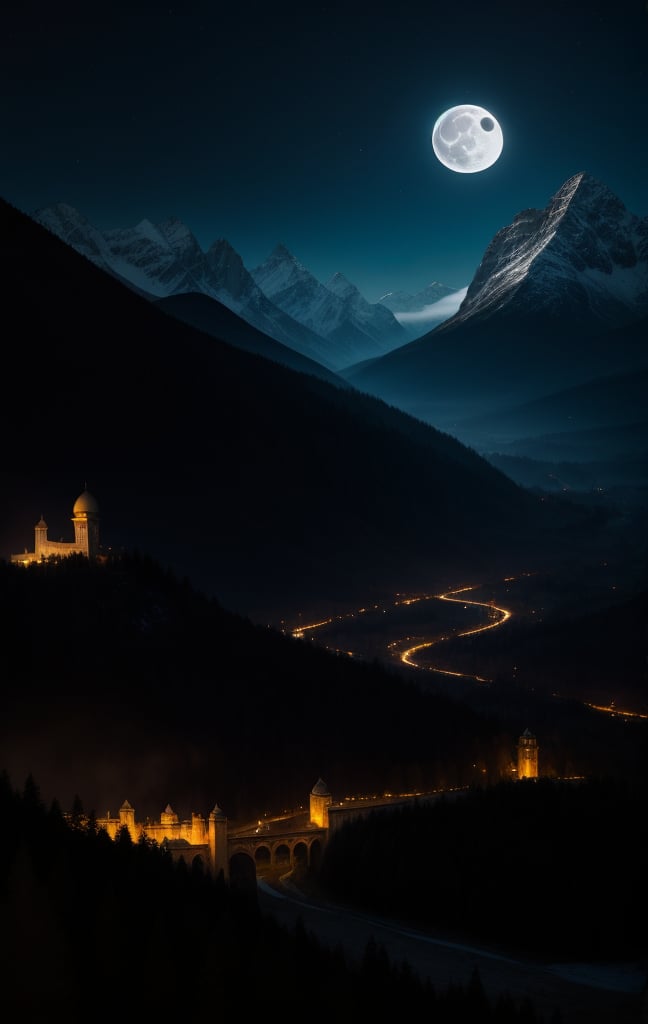 At night, white city of Gondolin with its fortifications, hidden by mountains, an image of epic fantasy, illuminated by the light of the moon.