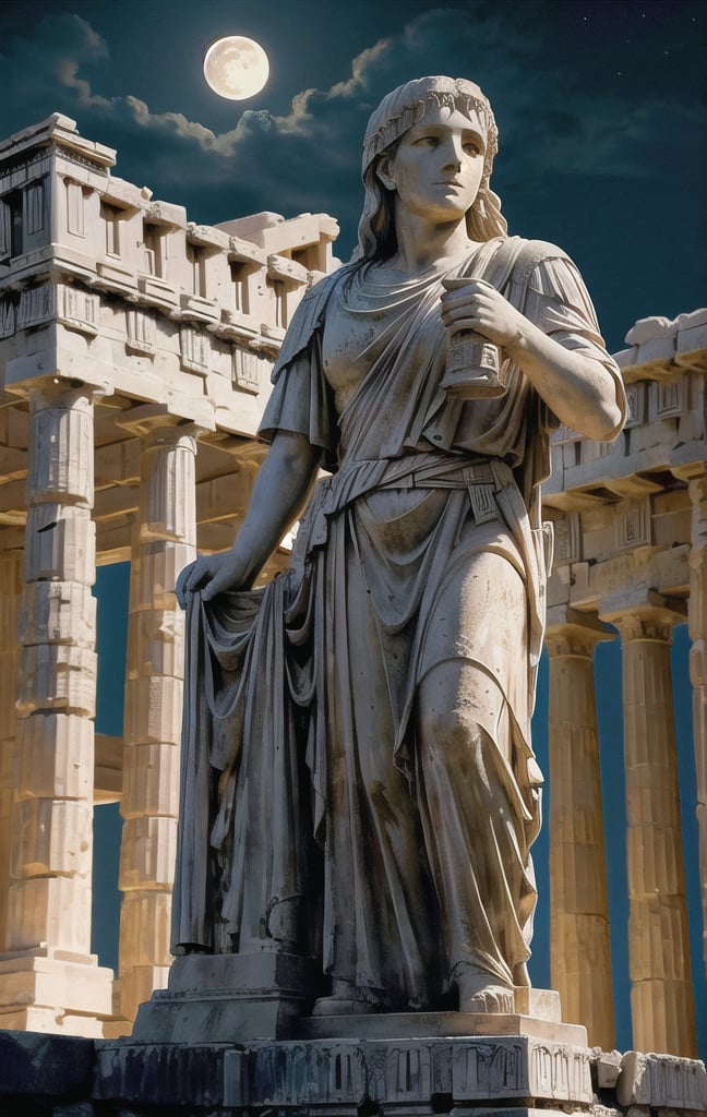 at night, ancient acropolis, monuments, statues of abandoned advanced civilization, moonlit, good lighting, photorealistic image, masterpiece, high quality 8K, sharp focus