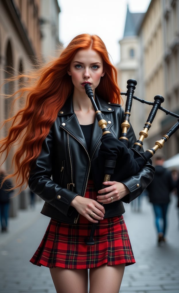 A girl, young, beautiful, ((photorealistic)), long red hair, slim body, skinny waist, blue eyes, black leather jacket, red plaid miniskirt, playing a Scottish bagpipe, on a city street, masterpiece, high quality 8k, sharp focus