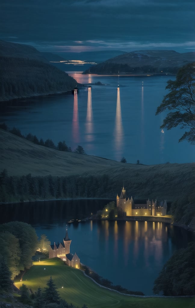 at night, castle village in Scotland, Loch Ness, beautiful moonlit lake Loch Ness, good lighting, realistic image, masterpiece, high quality 8K, sharp focus