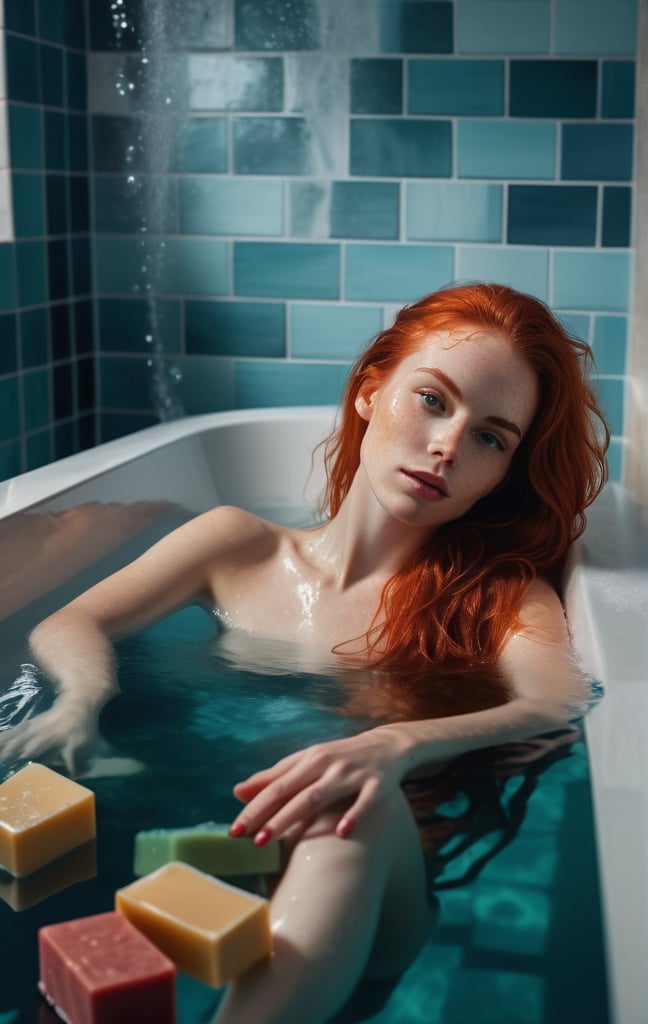 super realistic image, high quality uhd 8K, of 1 girl, detailed realistic ((slim body, high detailed)), ((skinny waist)), ((model tall)), long red hair, high detailed realistic skin, (((lying in the bath))), ((body under water)), (((body covered and completely covered by soap and water))), real vivid colors,